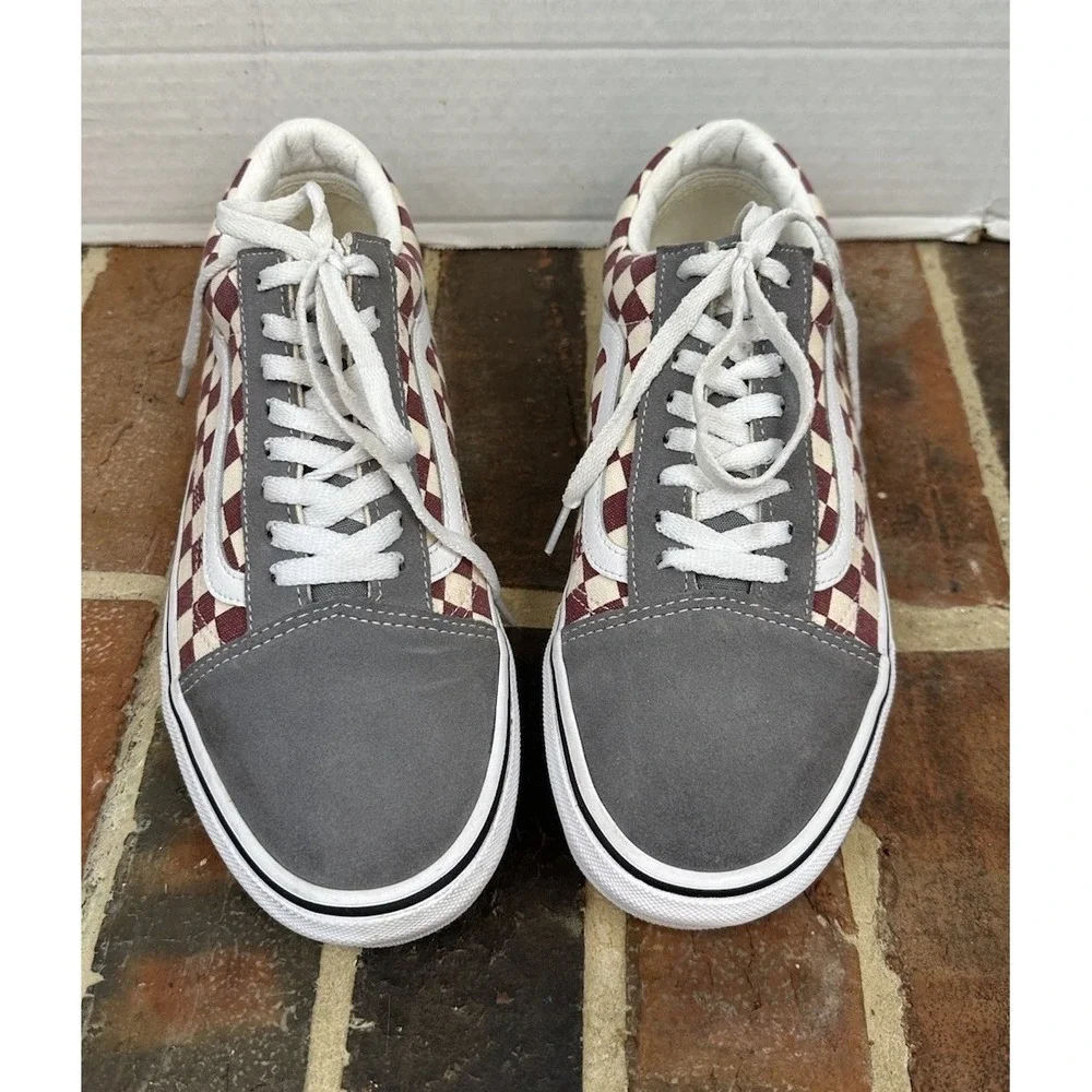 Vans Gray Red Checkered Sneakers Old Skool Low Top Canvas Suede Lace Up Men 9.5
